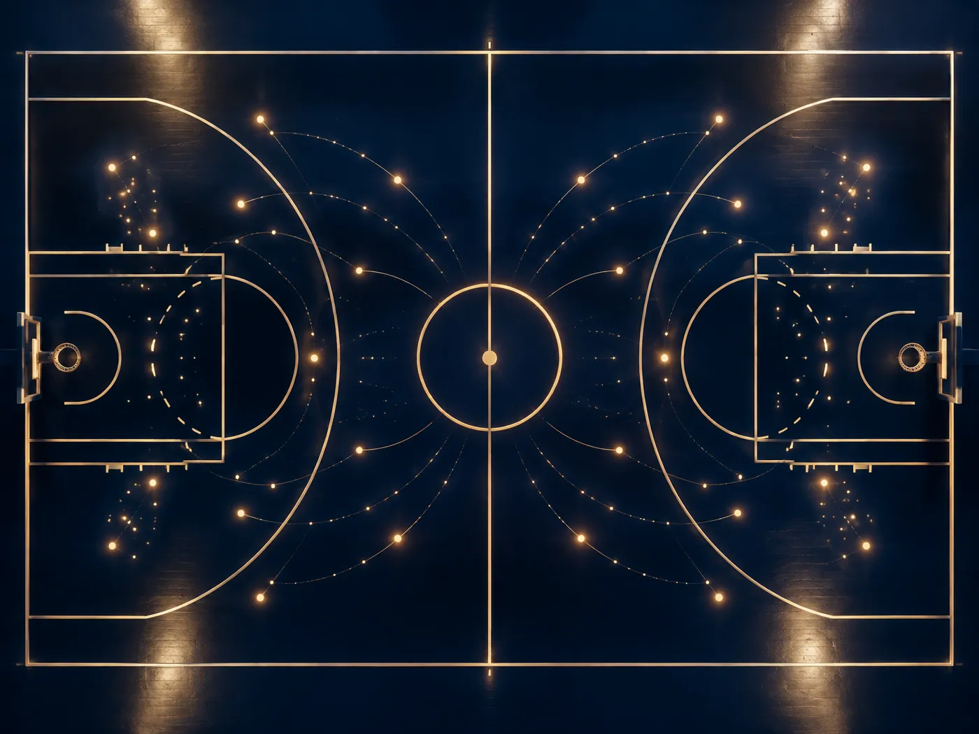 Basketball court shot chart drawn in gold lines and dots