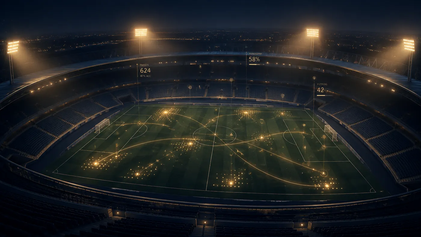 A floodlit stadium at night with a gold data overlay tracing passes and shot lines across the pitch