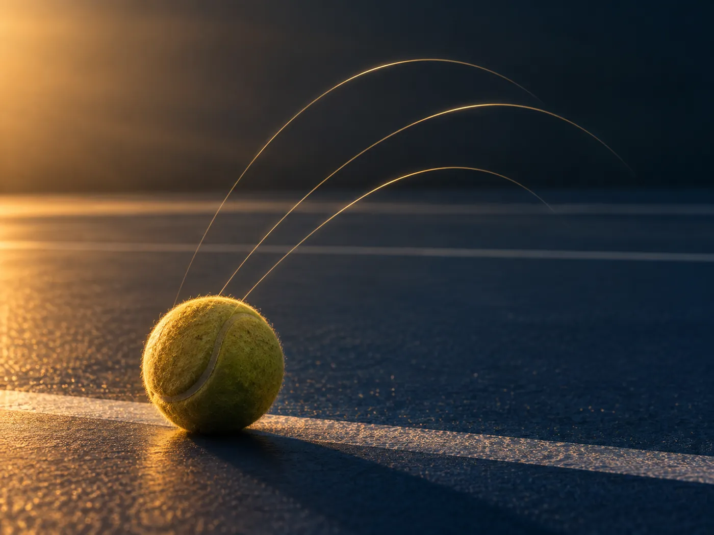 A tennis ball on a court line lit by warm golden light
